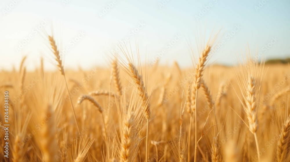 Golden Wheat Field Under Clear Blue Sky at Sunset in Rural Landscape Golden Wheat Field Under Clear Blue Sky at Sunset in Rural Landscape