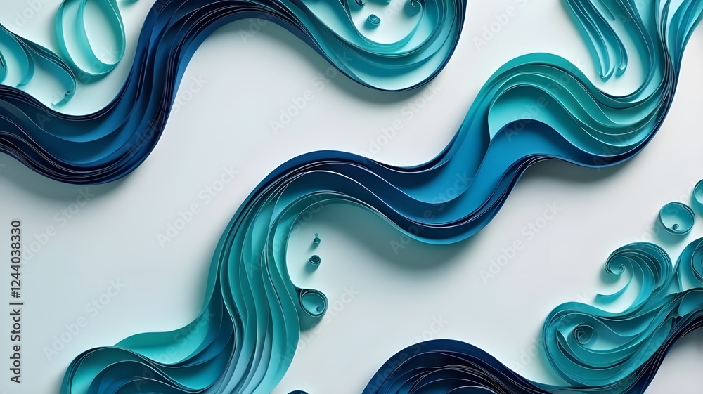 Fototapeta premium Deep blue and teal quilled paper mimicking the movement of ocean waves, evoking a refreshing coastal vibe. With space for text. 