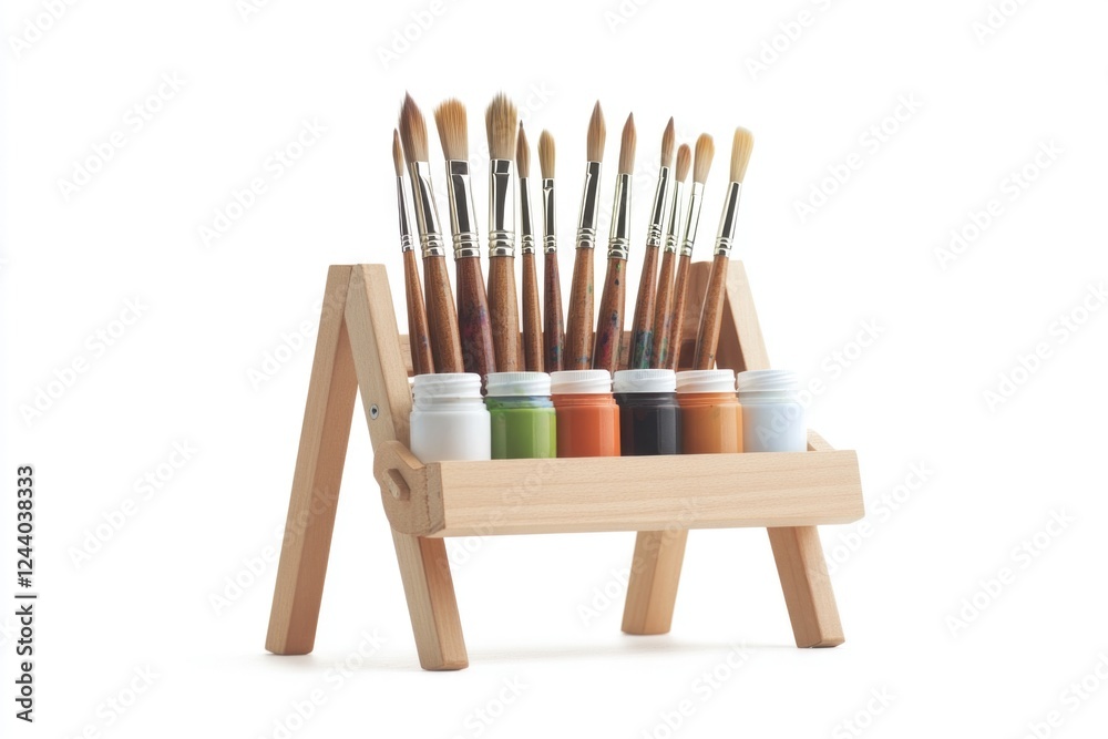 Obraz premium A wooden easel set up with paint and various brushes, ready for artistic use