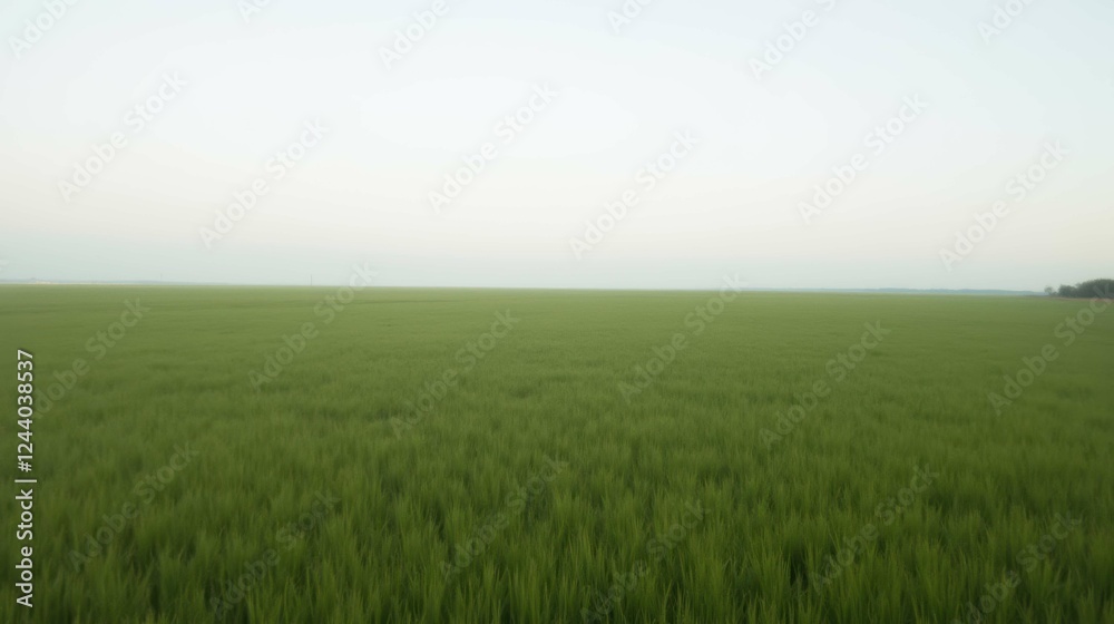 Lush Green Wheat Field Under Calm Sky in Early Morning Light Lush Green Wheat Field Under Calm Sky in Early Morning Light