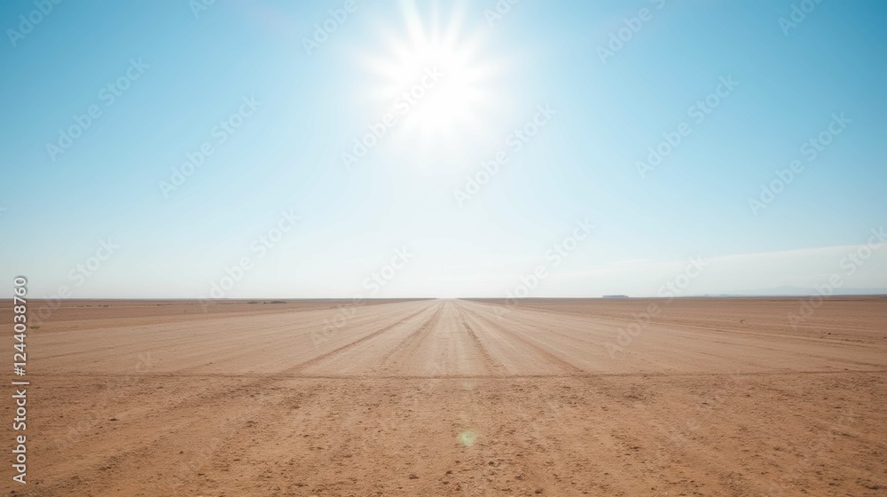Vast Desert Landscape Under Bright Sunlight with Clear Blue Sky Vast Desert Landscape Under Bright Sunlight with Clear Blue Sky