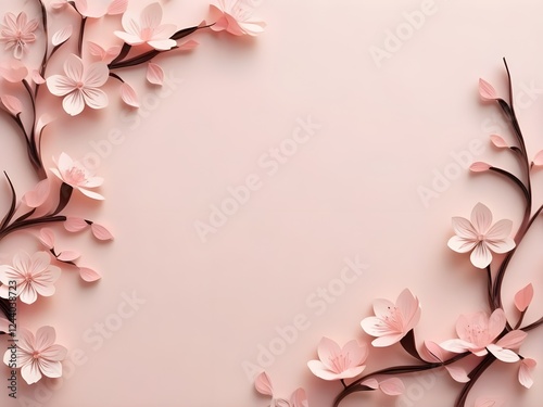 Soft pink and brown quilled paper forming delicate cherry blossom shapes on a light pastel background. With space for text.
