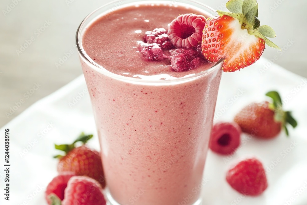Fresh fruit smoothie with strawberries and raspberries on a plate Fresh fruit smoothie with strawberries and raspberries on a plate