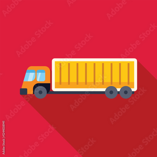 Minimalist flat design illustration of cargo truck carrying yellow container, symbolizing shipping, logistics, and freight transportation