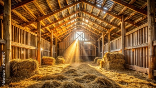 Golden Sunlight Beams Illuminating a Rustic Hay Barn Interior