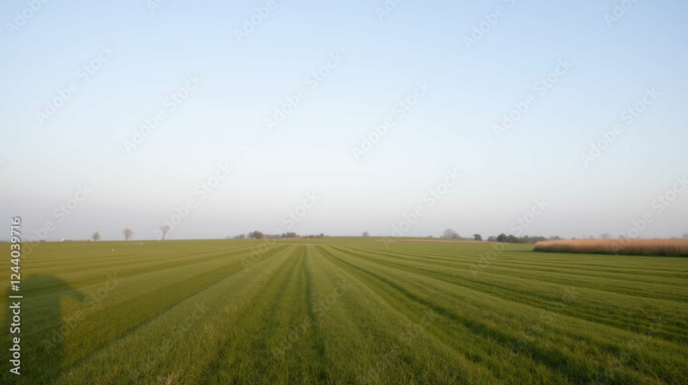 Obraz premium Vast Green Agricultural Field Under Clear Blue Sky at Dusk