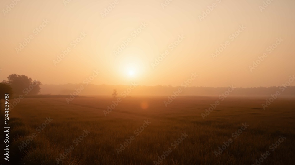 Serene Sunrise Over Misty Landscape with Golden Fields and Horizon Serene Sunrise Over Misty Landscape with Golden Fields and Horizon