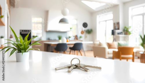 Set of keys resting on a smooth countertop in a bright, modern interior, symbolizing homeownership and a welcoming atmosphere.