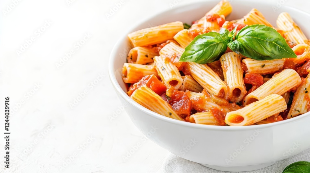 A bowl of paccheri with tomato basil sauce, hearty pasta dish, artistic pencil sketch, deep red and green hues, isolated on white background A bowl of paccheri with tomato basil sauce, hearty pasta dish, artistic pencil sketch, deep red and green hues, isolated on white background