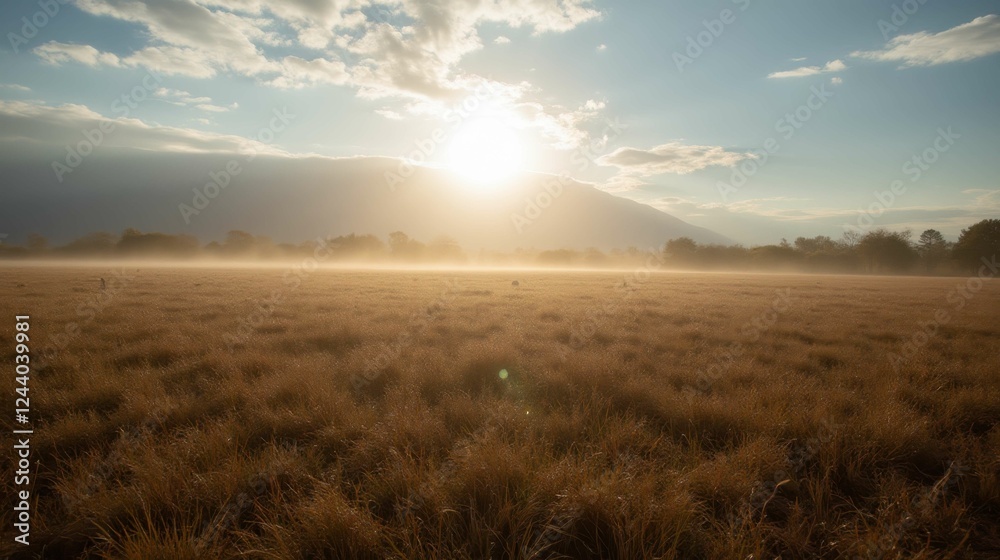 Serene Sunrise Over Misty Field with Mountains in Background Serene Sunrise Over Misty Field with Mountains in Background