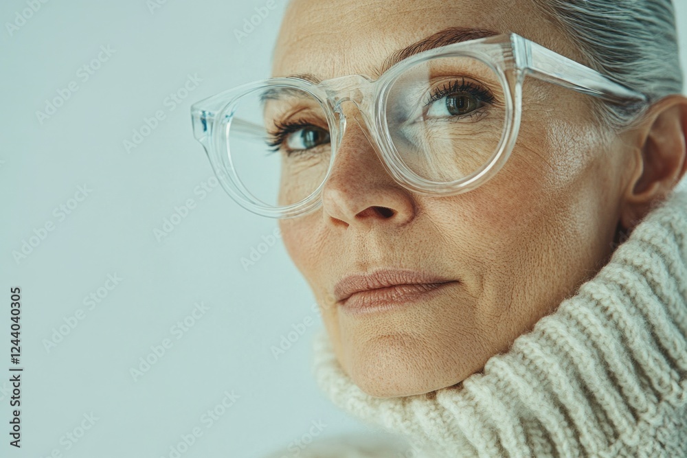 A woman wearing glasses and a turtle neck sweater, casual outfit for everyday use