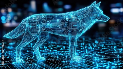 A futuristic, digital representation of a wolf, made up of glowing blue lines and circuits, set against a technological background.