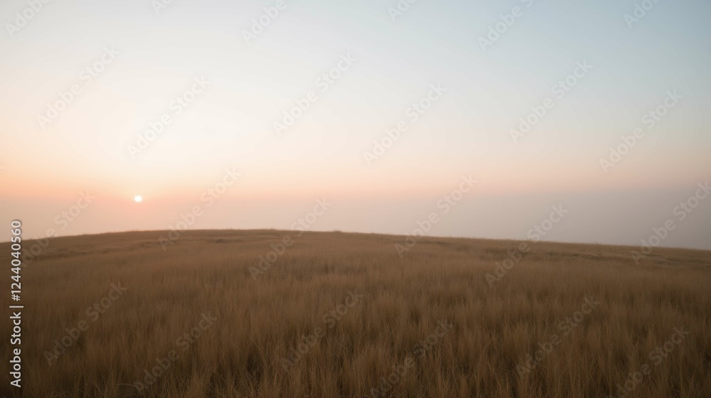 Serene Sunset Over Golden Wheat Field Under Clear Sky Horizon Serene Sunset Over Golden Wheat Field Under Clear Sky Horizon