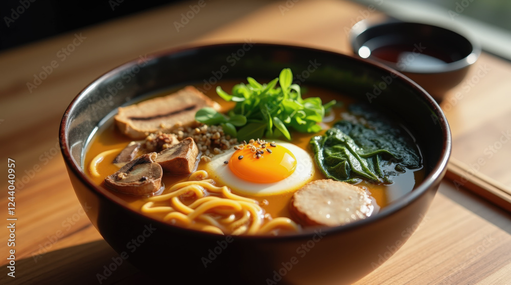 A steaming bowl of ramen showcases a soft-boiled egg, greens, mushrooms, and sliced meat, served in a cozy restaurant with wooden decor and natural lighting A steaming bowl of ramen showcases a soft-boiled egg, greens, mushrooms, and sliced meat, served in a cozy restaurant with wooden decor and natural lighting