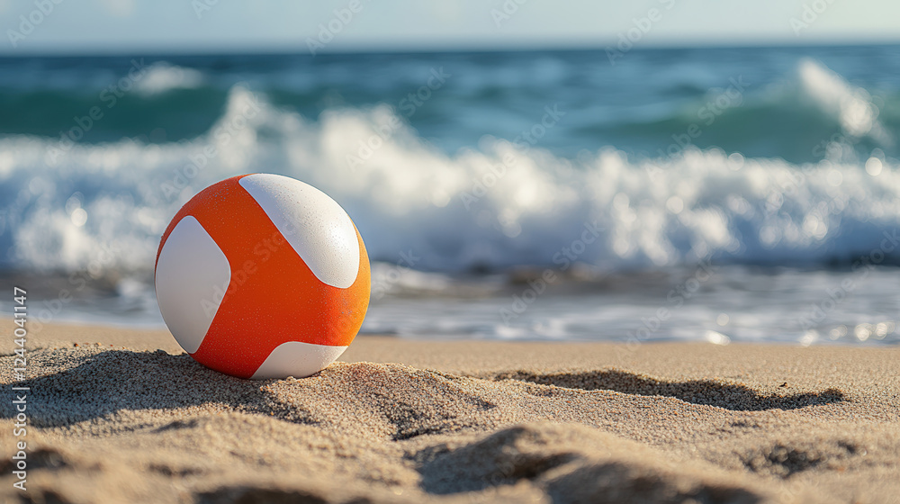 Orange And White Beach Ball Resting On Sandy Shore With Gentle Waves In Background Under Clear Sky Orange And White Beach Ball Resting On Sandy Shore With Gentle Waves In Background Under Clear Sky