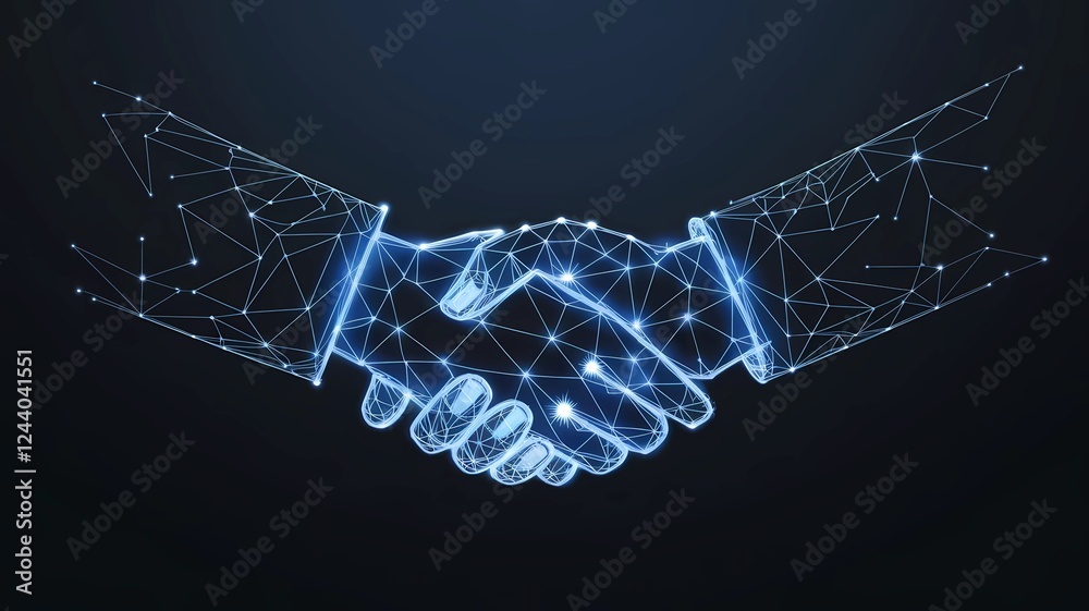 Obraz premium Digital handshake with glowing network connections representing partnership and collaboration in a tech-driven world. Blue lines on a dark background