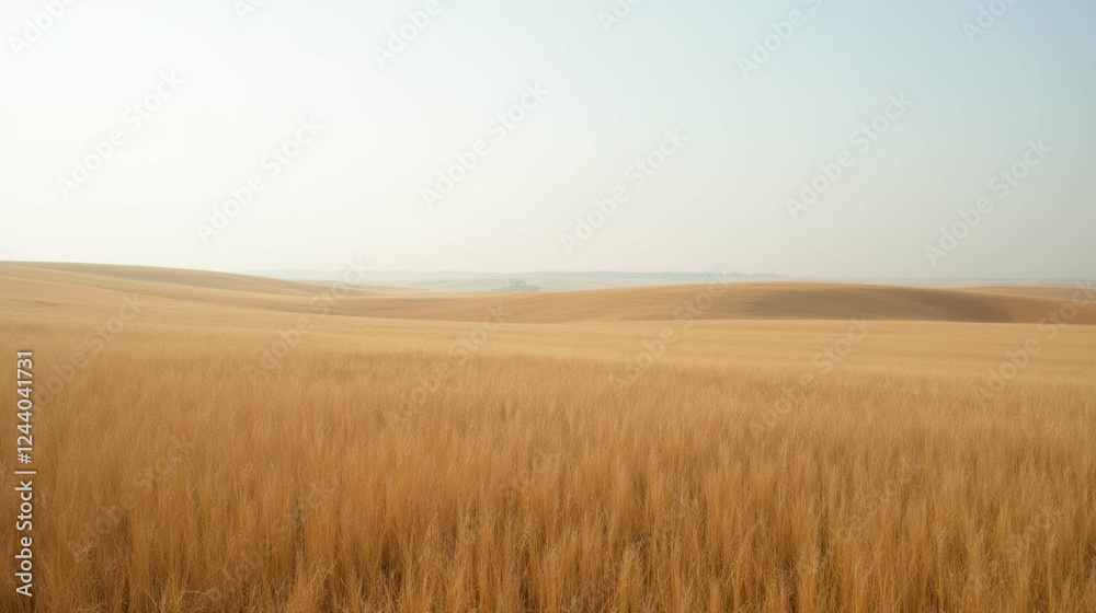 Obraz premium Expansive Golden Wheat Field Under Soft Blue Sky in Rural Landscape