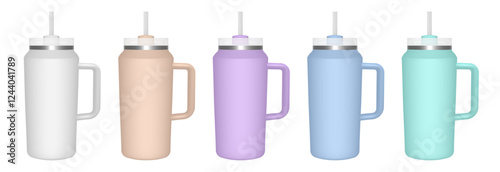 Thermo cup with handle and straw. 64 oz. 3d mockup of a travel thermos. Set of white, beige, violet, green and blue mugs. Tumbler template. White lid	
