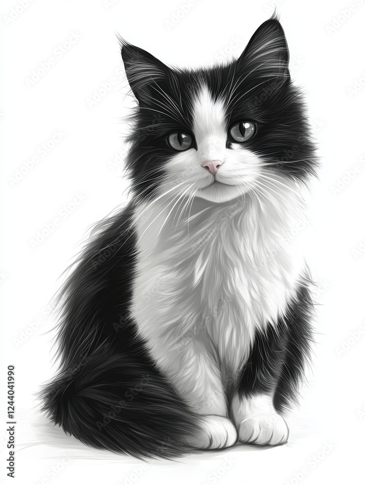 Fototapeta premium Adorable Black and White Cat with Fluffy Fur and Gentle Expression, Perfect for Animal Lovers and Pet Photography Enthusiasts