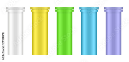 Set of effervescent tablet tubes. Small medical pill bottles. White, yellow, green, blue and purple jars. Plastic medicine container. 3d mockup of a pharmaceutical packaging
