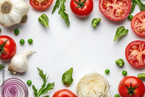 A variety of colorful vegetables arranged on a white table, perfect for food styling or still life photography