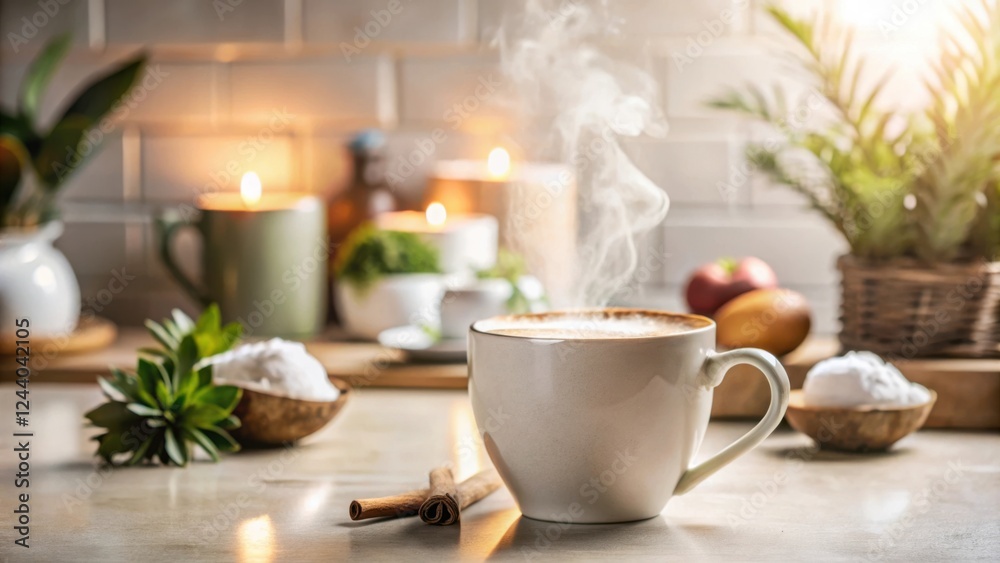 Warm beverage steaming in a mug amidst a calming home spa setting Warm beverage steaming in a mug amidst a calming home spa setting