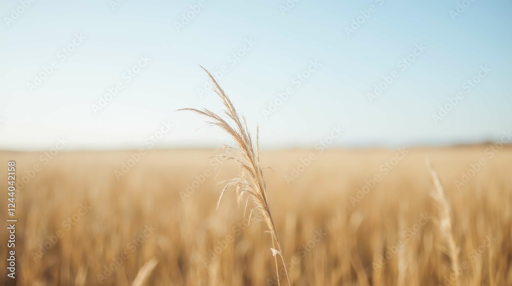 Naklejka premium Lone Grass Blade Against Blue Sky in Golden Field Landscape