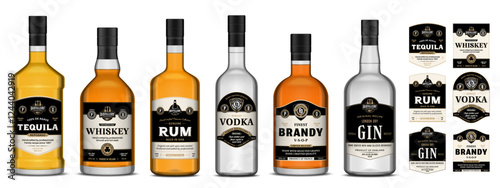 Vector alcoholic drink labels on bottles. Whiskey, vodka, tequila, rum, brandy and gin labels. Distilling business branding and identity design elements