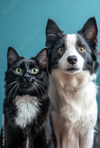 Adorable Black Cat with White Chest and Playful Dog with Black and White Fur Against a Bright Aqua Background