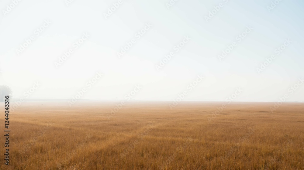 Tranquil Foggy Landscape with Golden Grass Under Soft Blue Sky Tranquil Foggy Landscape with Golden Grass Under Soft Blue Sky