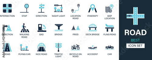 Road icon set collection. Intersection, stop, direction, night light, location road, map, direction, walking, gas, bridge and best solid icon set.