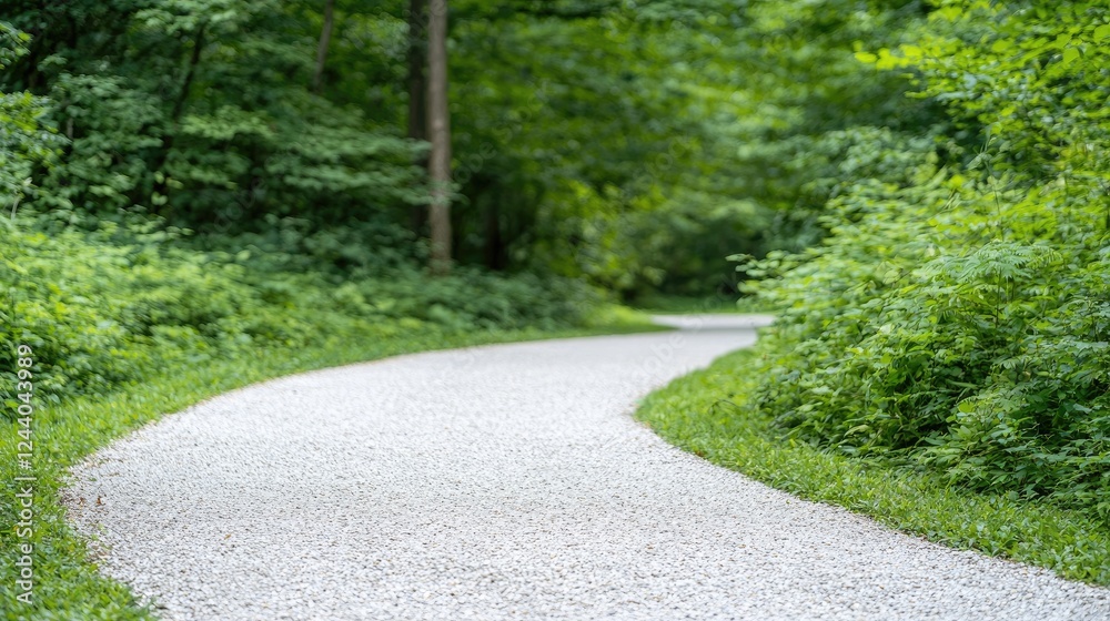 Winding path through lush forest, nature trail background, perfect for hiking or wellness Winding path through lush forest, nature trail background, perfect for hiking or wellness