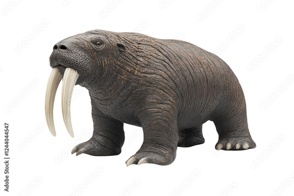 Fototapeta premium Walrus with thick, wrinkled skin, a massive body, and long ivory tusks curving downward. PNG transparent.