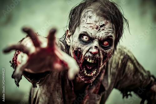 Zombie reaching, decayed skin, urban ruin, horror film