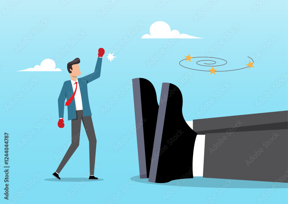 Fototapeta premium A businessman raising his victory arm after defeating a fallen giant opponent