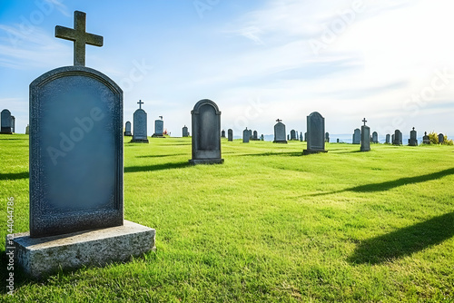 Blank headstone, grassy cemetery, sunny day, memorial