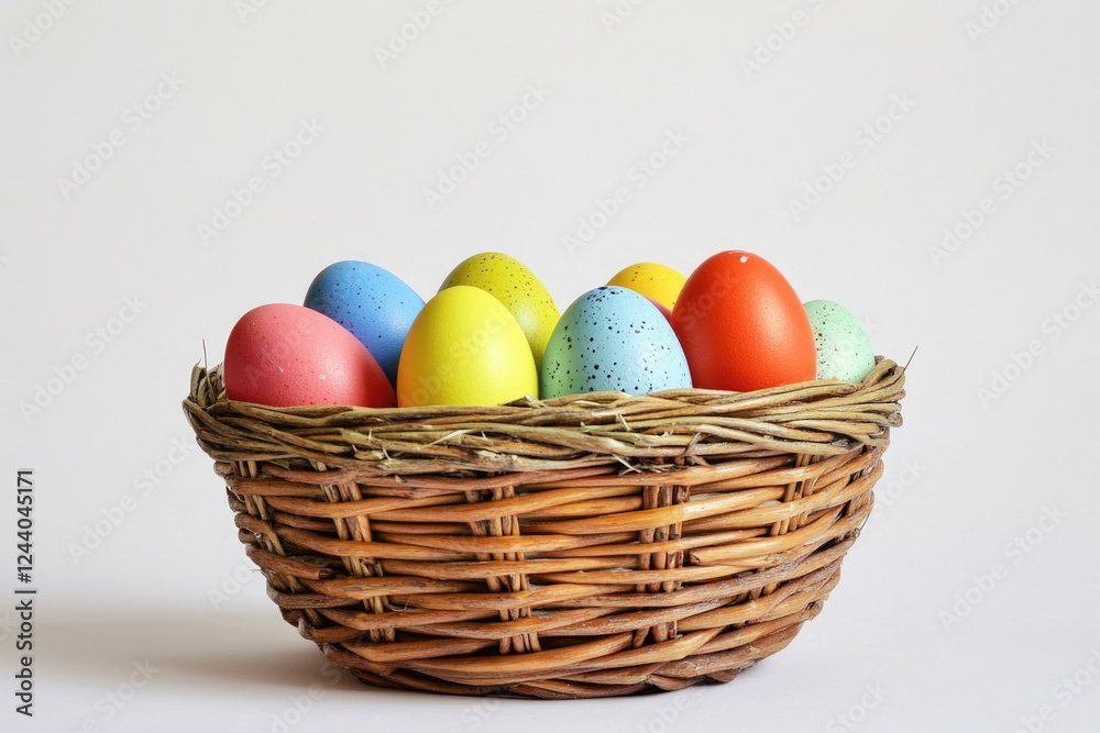 A wicker basket filled with colorful Easter eggs, perfect for decorating or gifting A wicker basket filled with colorful Easter eggs, perfect for decorating or gifting