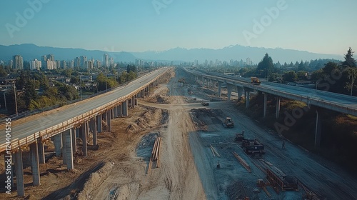 A wide view of a construction site with elevated roads and a mountainous backdrop, showcasing urban development and infrastructure changes.
