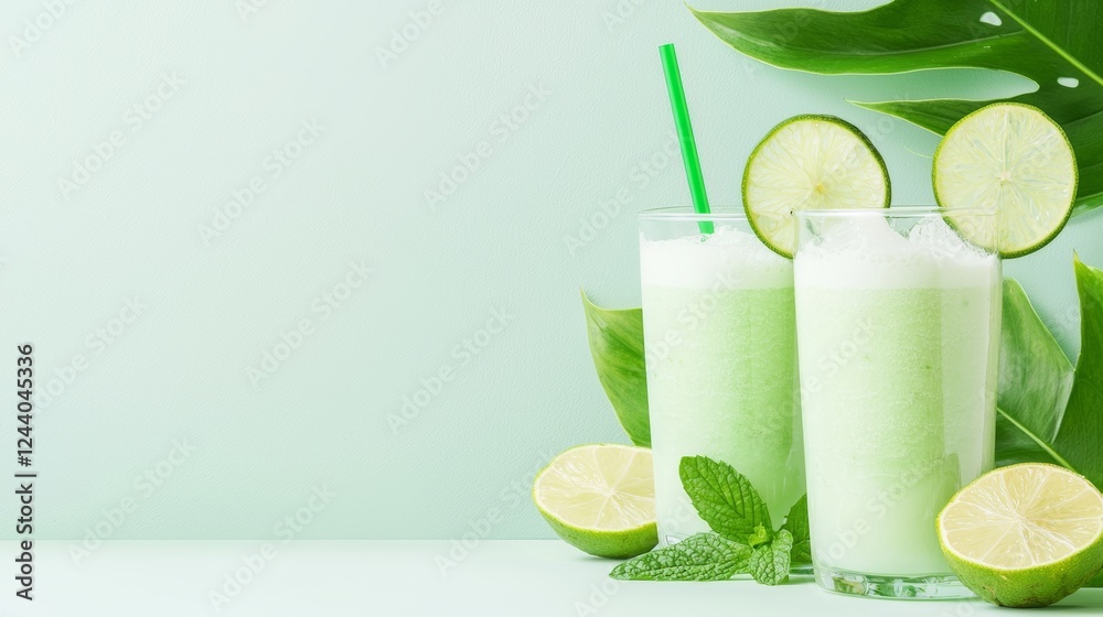 Fototapeta premium Refreshing lime smoothies in tall glasses with mint and lime slices, set against a light green background with tropical leaves.