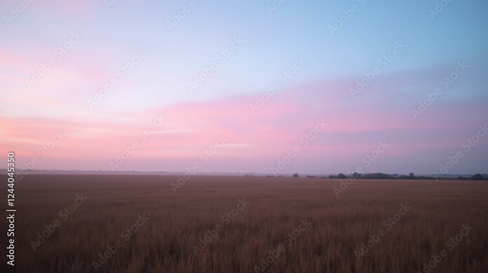 Obraz premium Serene Sunrise Over Golden Fields Under Pink Sky at Dawn