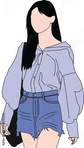 Stylish graphic art of a female figure in minimalist design wearing modern casual attire.The illustration features denim shorts ,oversized top,showcasing trendy outfit elements in a vector format.