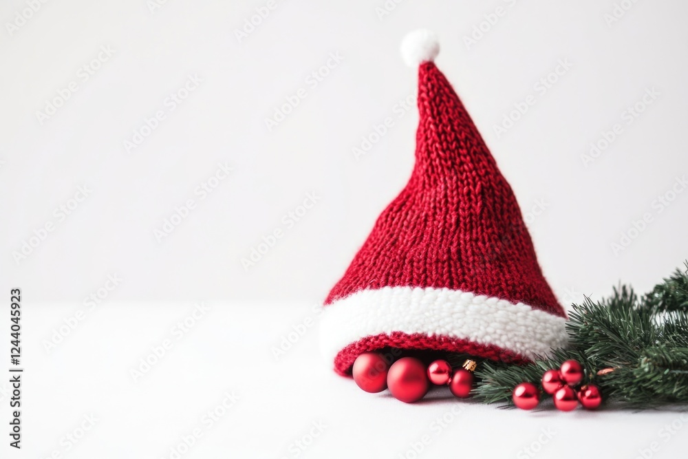 A cozy knitted Santa hat adorned with a fresh pine branch, perfect for winter scenes or holiday decorations A cozy knitted Santa hat adorned with a fresh pine branch, perfect for winter scenes or holiday decorations