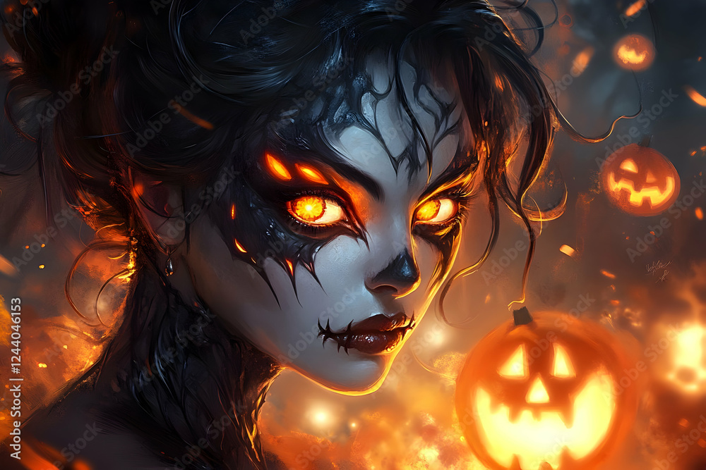 Fiery Halloween woman portrait, glowing pumpkins, fantasy art Fiery Halloween woman portrait, glowing pumpkins, fantasy art