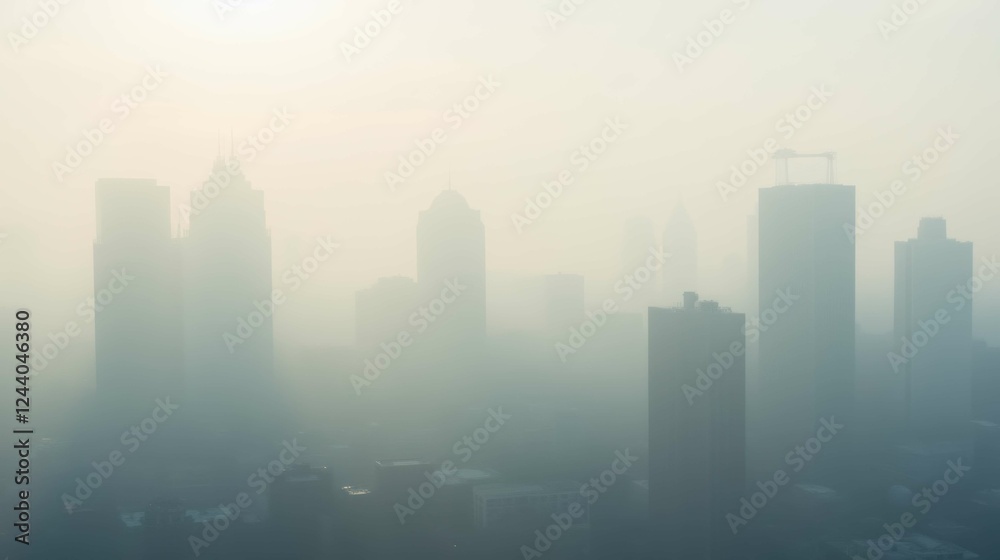 Urban Skyline Shrouded in Fog and Mist at Sunrise in Cityscape Urban Skyline Shrouded in Fog and Mist at Sunrise in Cityscape