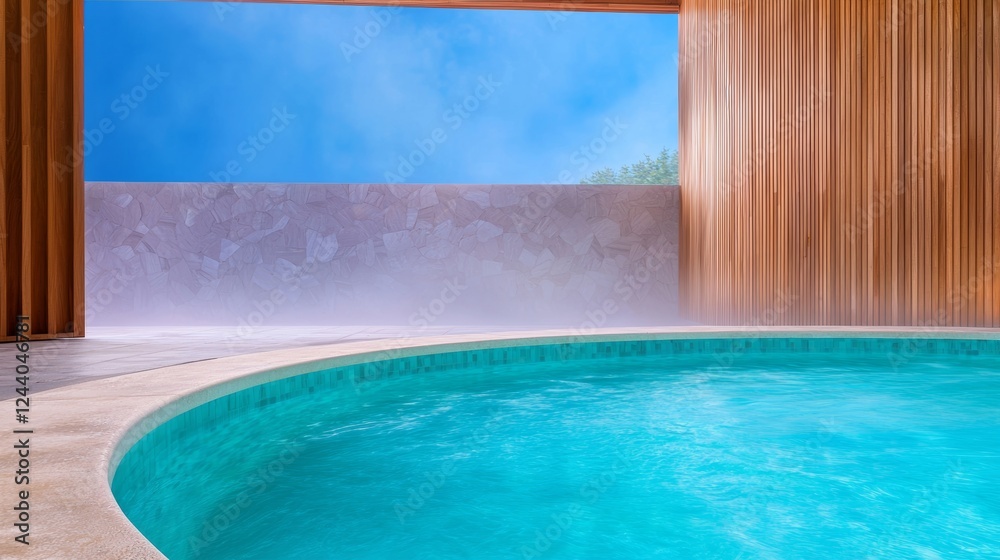 Fototapeta premium Relaxing outdoor hot tub with turquoise water, surrounded by beige stone and warm wood. Steam rises, creating a tranquil atmosphere.