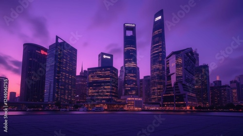 Stunning City Skyline at Twilight with Vibrant Purple Sky