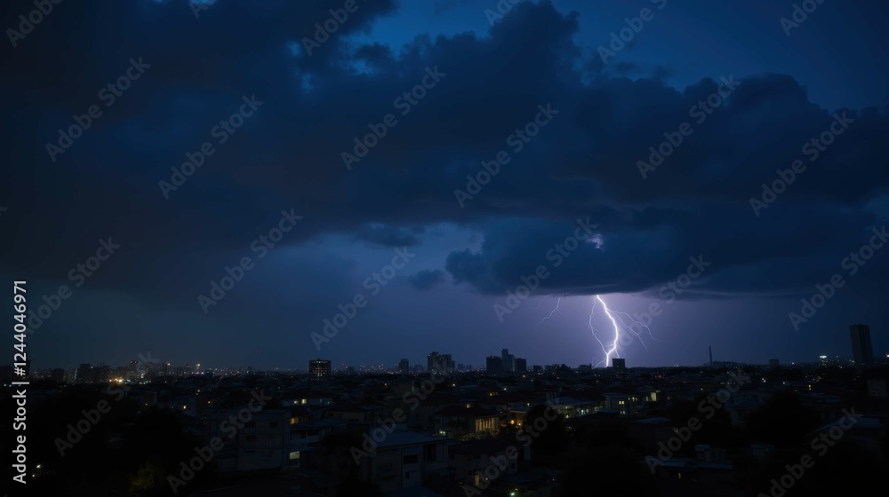 Fototapeta premium Lightning Strikes Over Cityscape During Dramatic Night Sky Display