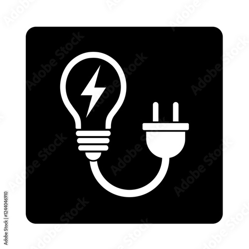 żarówka i wtyczka elektryczna, biała ikona na czarnym tle