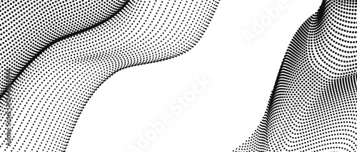 Flowing halftone texture background. Grayscale rough backdrop with halftone elements, wave wallpaper, black and white particle shapes. Black and white textured vector illustration