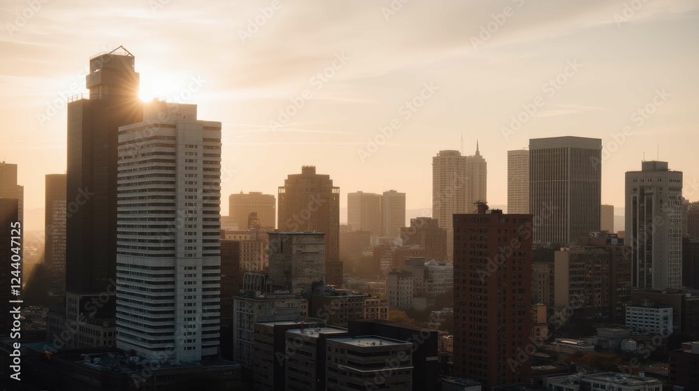 Fototapeta premium Sunset Over City Skyline with Tall Buildings and Urban Landscape